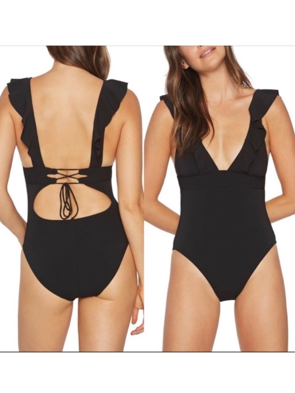 Robin Piccone Lina Ruffle V-Neck One Piece Black Size 10